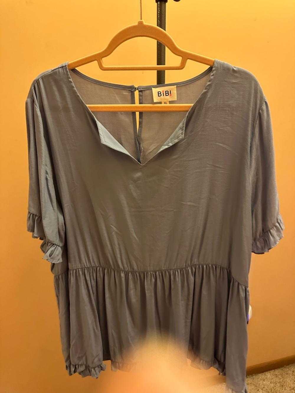 BiBi Dusty Blue Ruffle-Sleeve Peplum Blouse